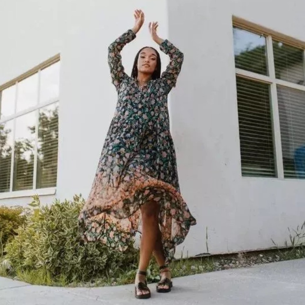 FREE PEOPLE See It Through Long Sleeve Maxi DRESS Floral Black Combo NWT - Picture 4 of 15